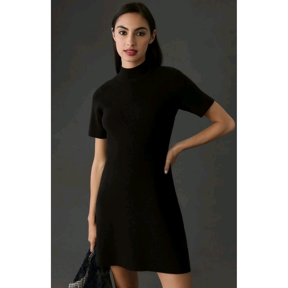 Anthropologie The Nina Black Mod Mini Sweater Dress XL Mock-Neck Viscose Classic